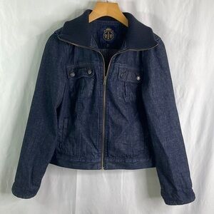Talbots denim jacket with knit collar:
